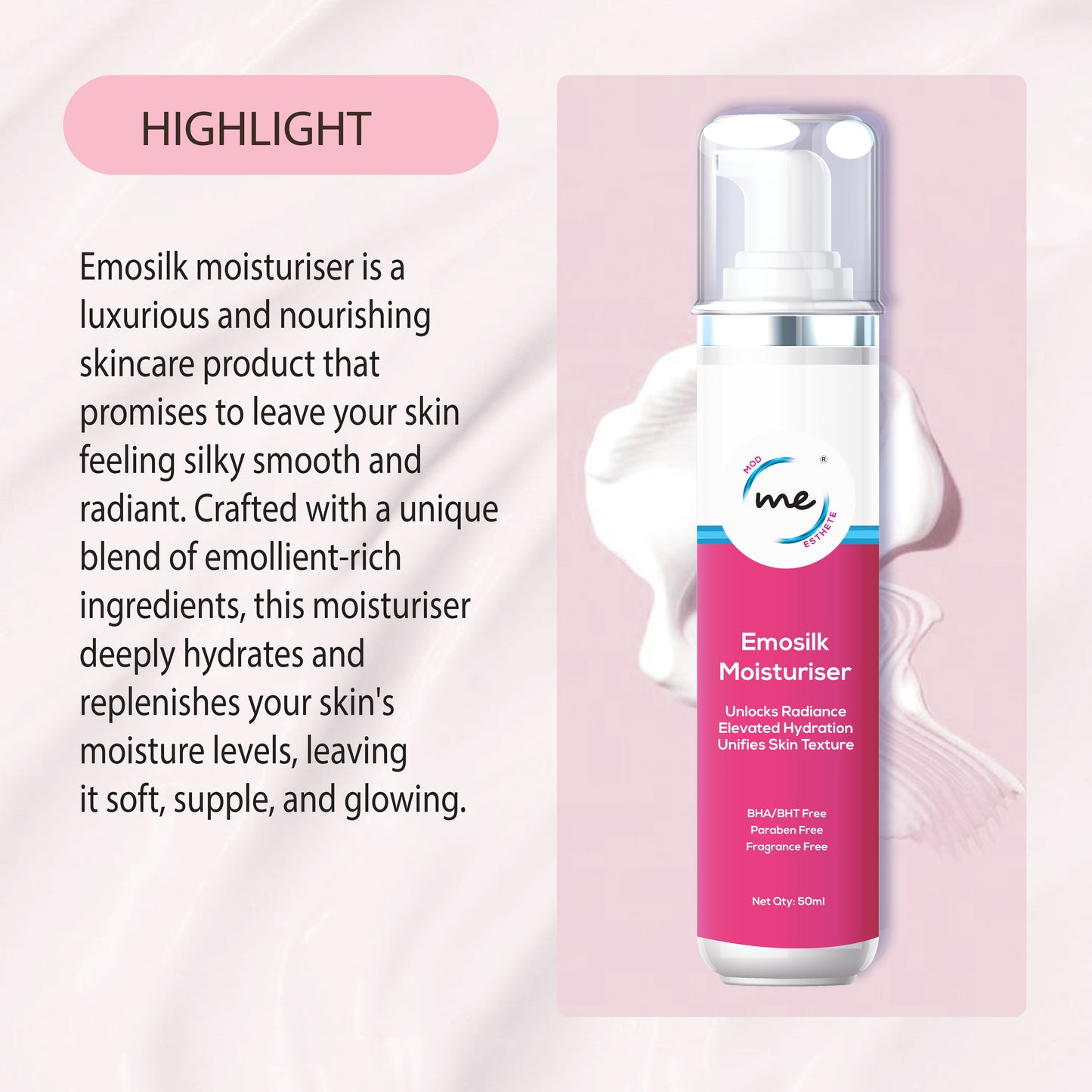 Mod Esthete ME Emosilk Revitalizing Moisturizer | With Olive Squalene, Shea Butter, N-Acetyl Glucosamine & Rosehip Oil | Deep Hydration, Anti-Ageing, Pigmentation Control | For All Skin Types – 50ml