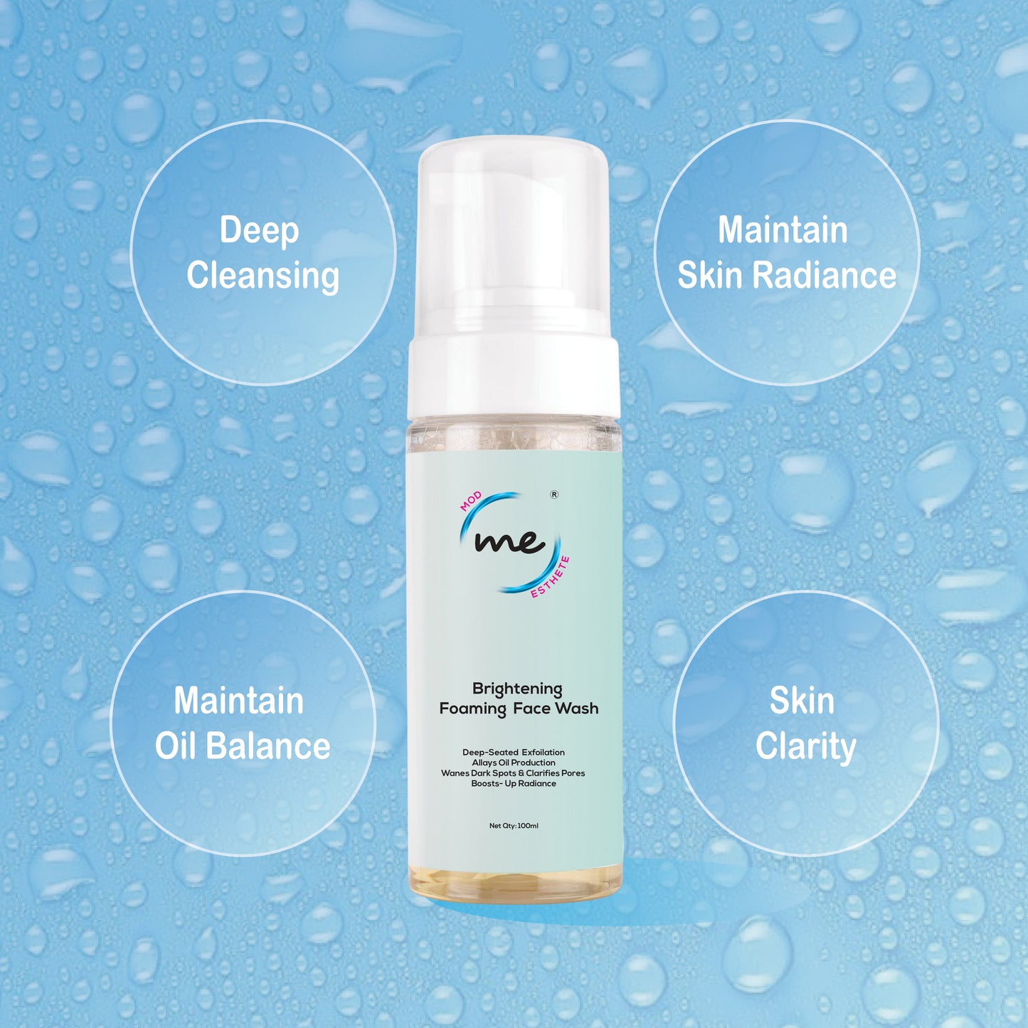 Mod Esthete ME Brightening Foam Face Wash | With 1% Salicylic Acid, Kojic Acid, Lactic Acid & Vitamin C | Exfoliating, Oil Control & Pigmentation Cleanser | For Oily & Acne-Prone Skin – 100ml