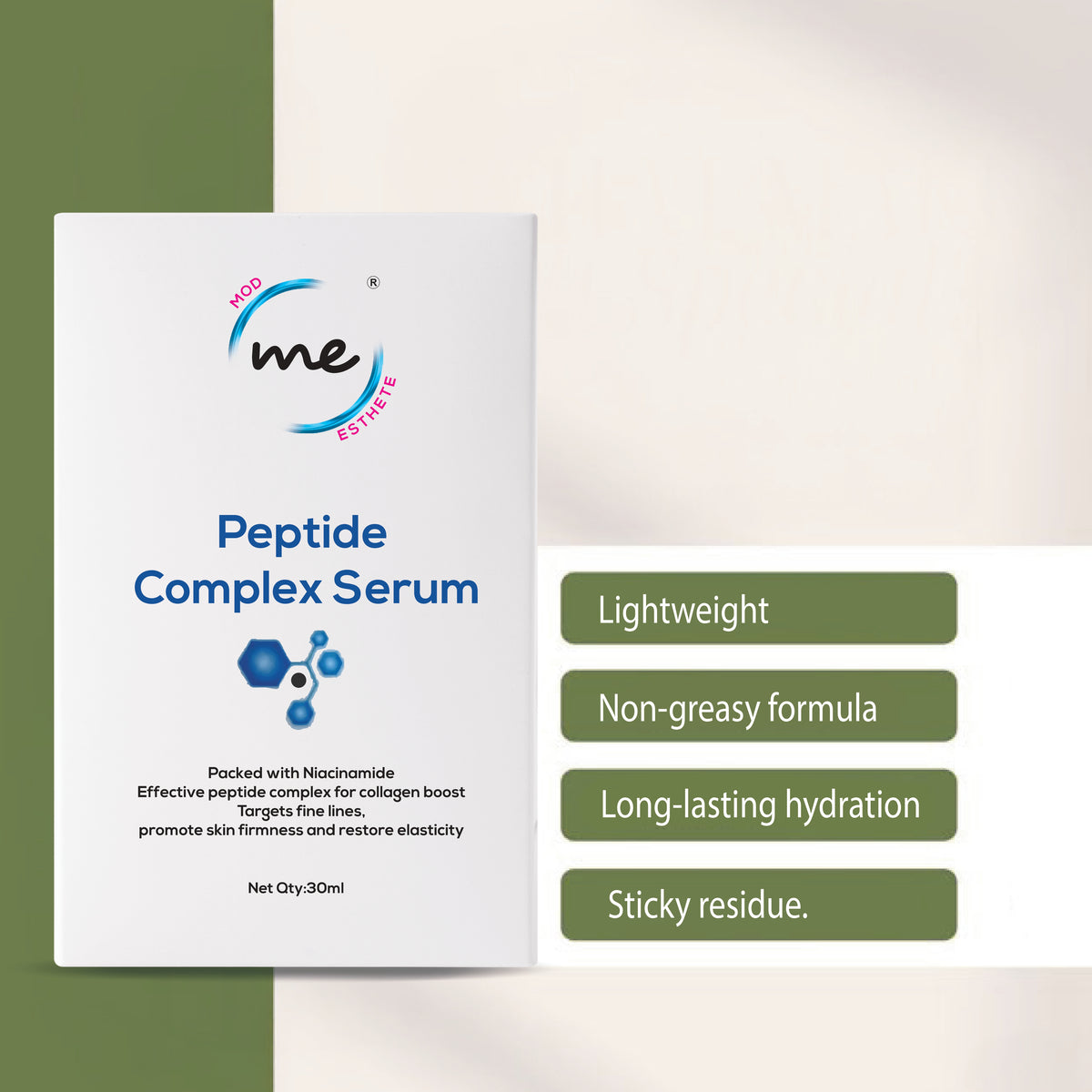 Mod Esthete ME Peptide Complex Serum | Anti-Aging, Hydrating & Firming | 7 Peptides + Niacinamide + N-Acetyl Glucosamine + Hyaluronic Acid | Reduces Fine Lines & Wrinkles – 30ml